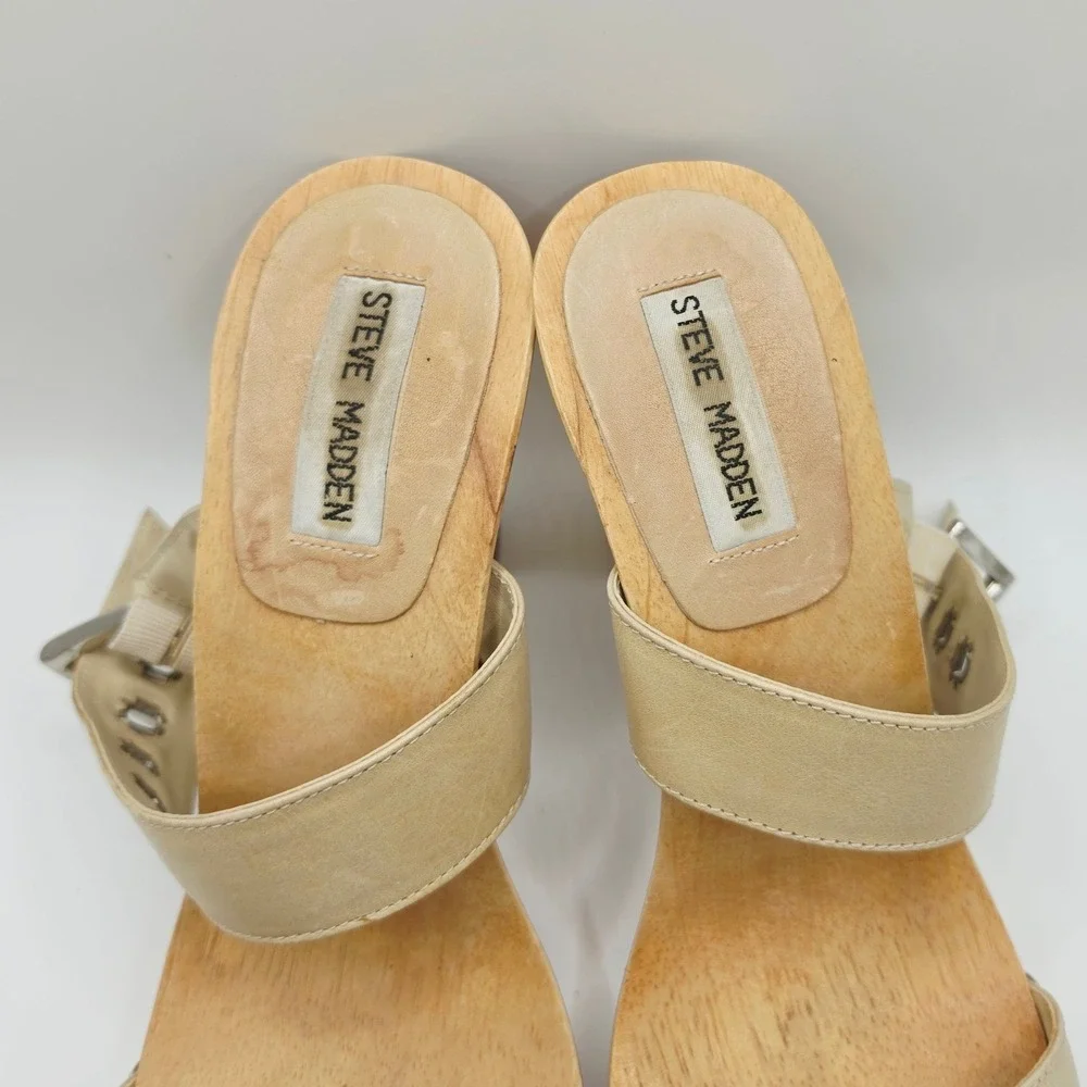 Steve Madden Staci Platform Sandals Womens 10B Beige Wood Leather Buckle Slides